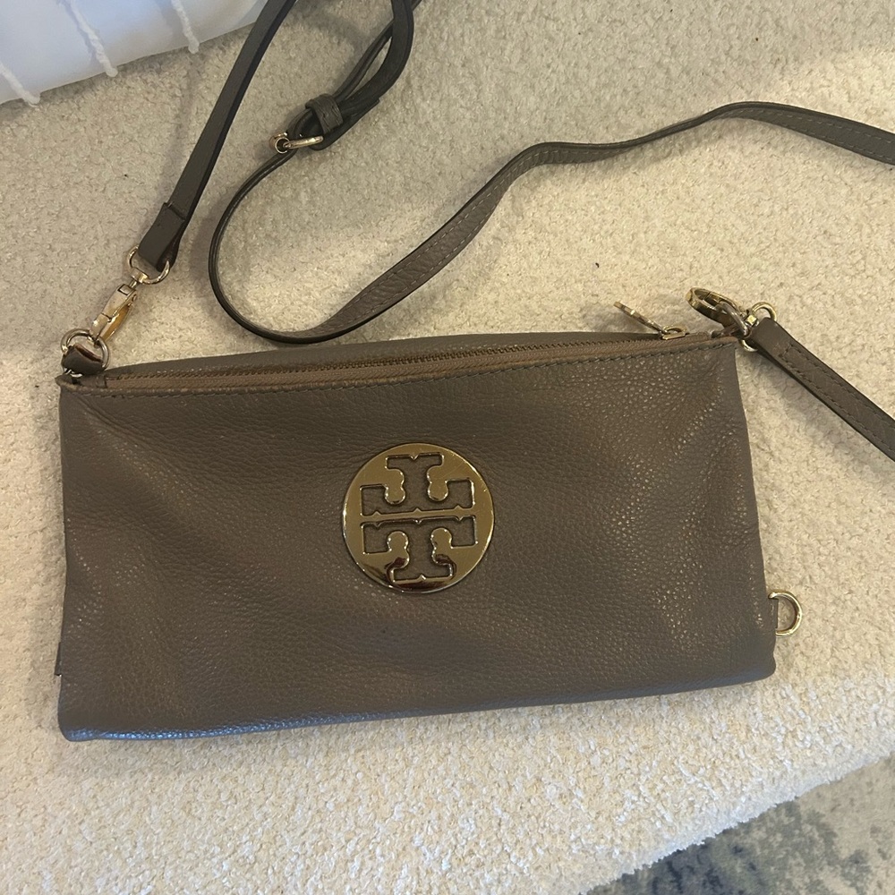 Tory Burch Taupe Crossbody Bag with Gold Logo